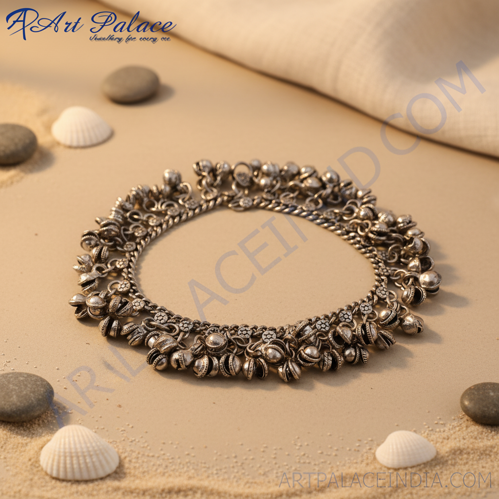 Oxidized 925 silver anklet with bell charms, perfect for adding ethnic flair and style.
