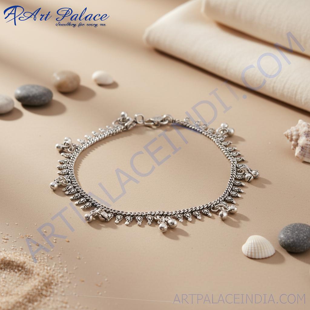 925 sterling silver anklet with delicate charms on a white background, anklets for women, silver jewelry