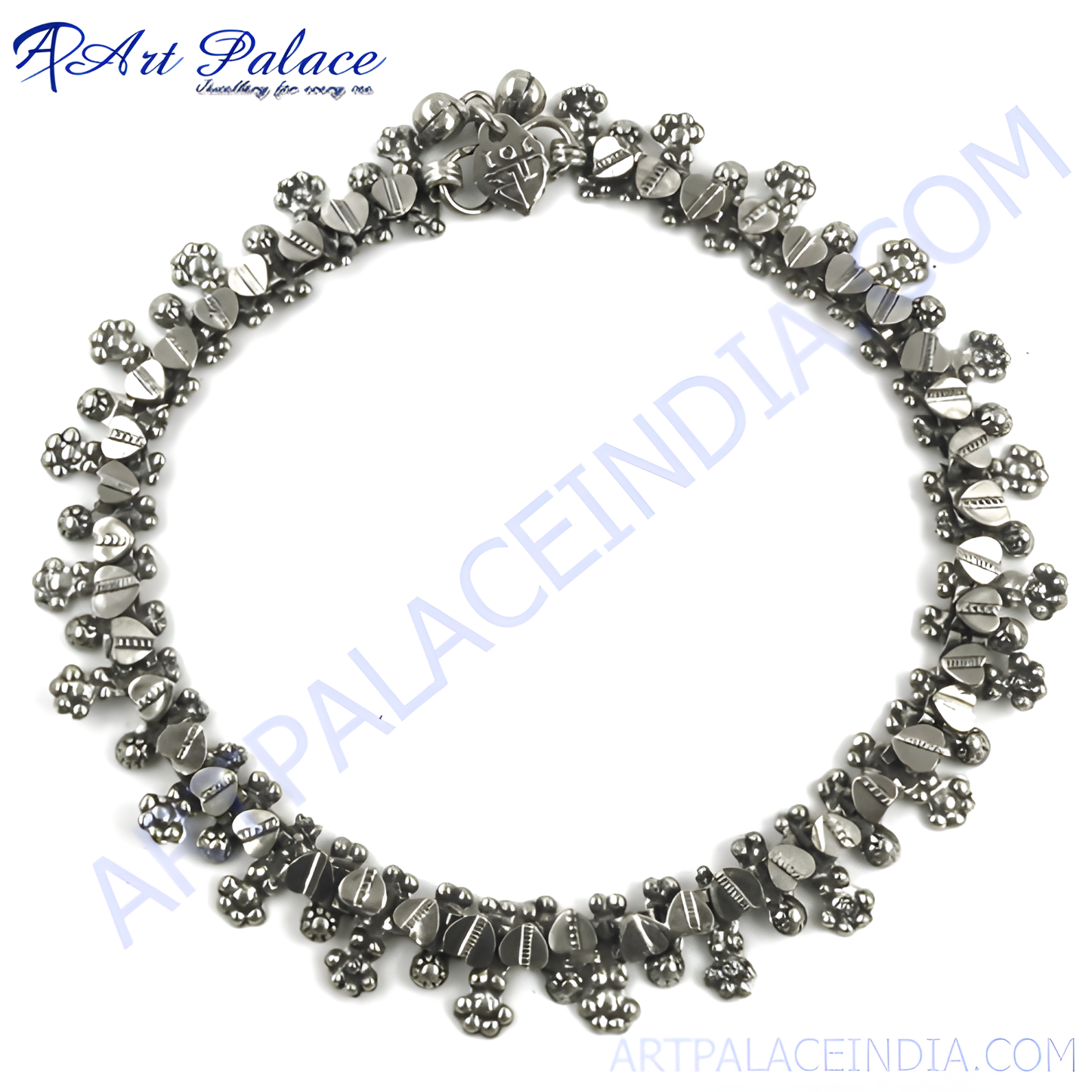 Silver anklet featuring an intricate design, perfect for women's foot jewelry and everyday wear.