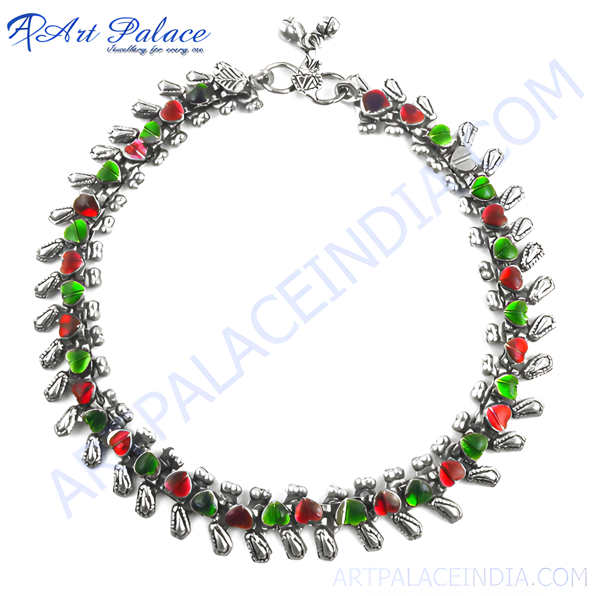 925 silver anklet with red & green gemstones | women's jewelry