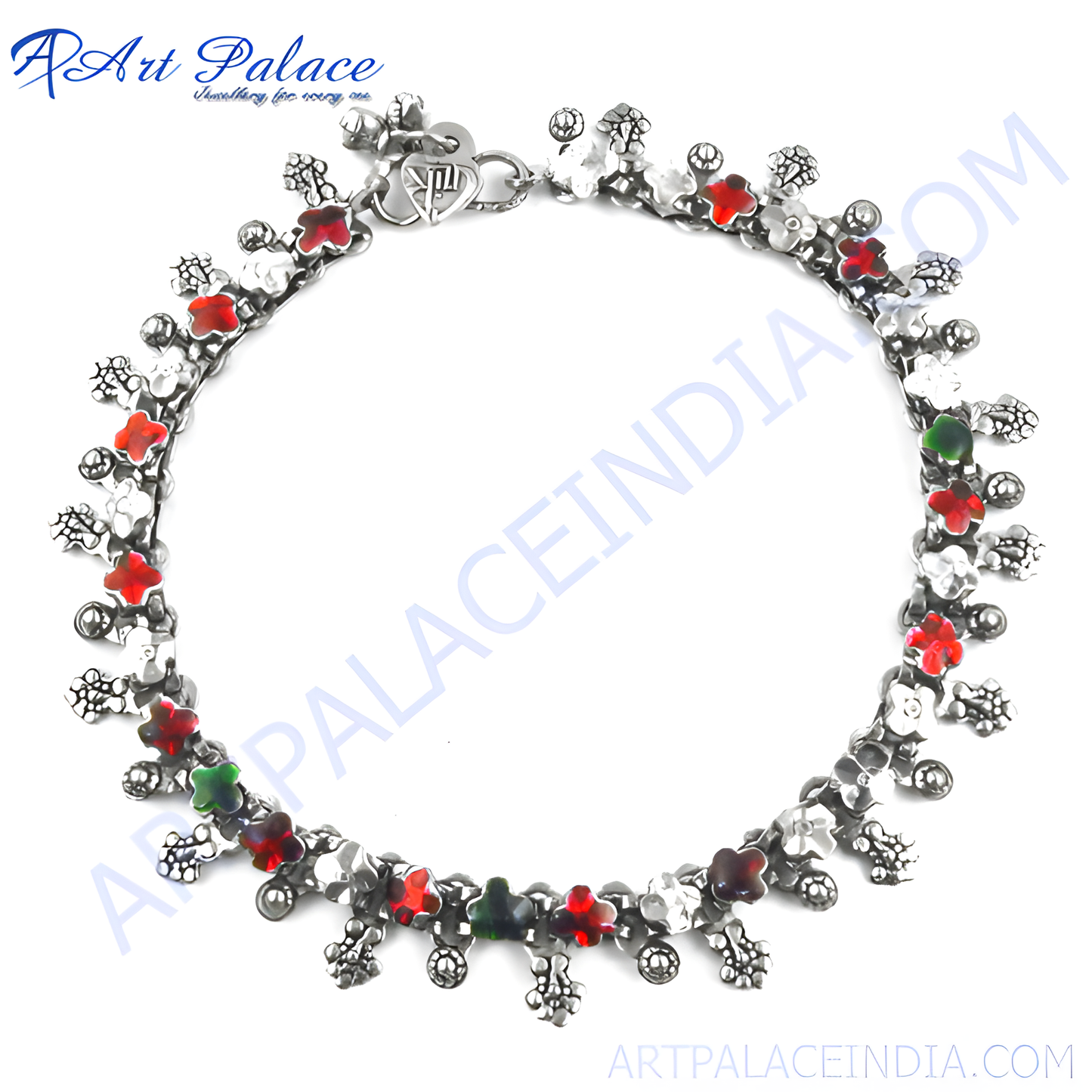 925 sterling silver anklet with red, green and white enamel flower accents on a white background.