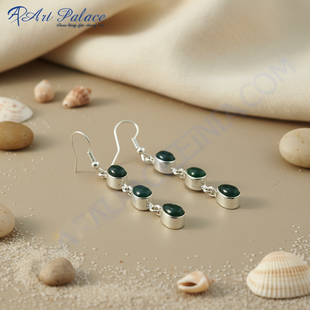 925 sterling silver drop earrings with three green teardrop shaped gemstones for women
