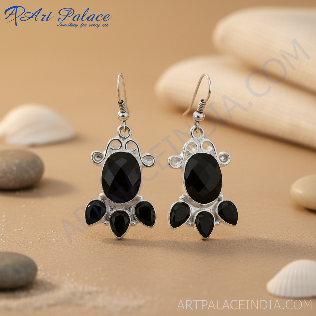 925 sterling silver dangle earrings featuring black onyx gemstones, perfect for any occasion