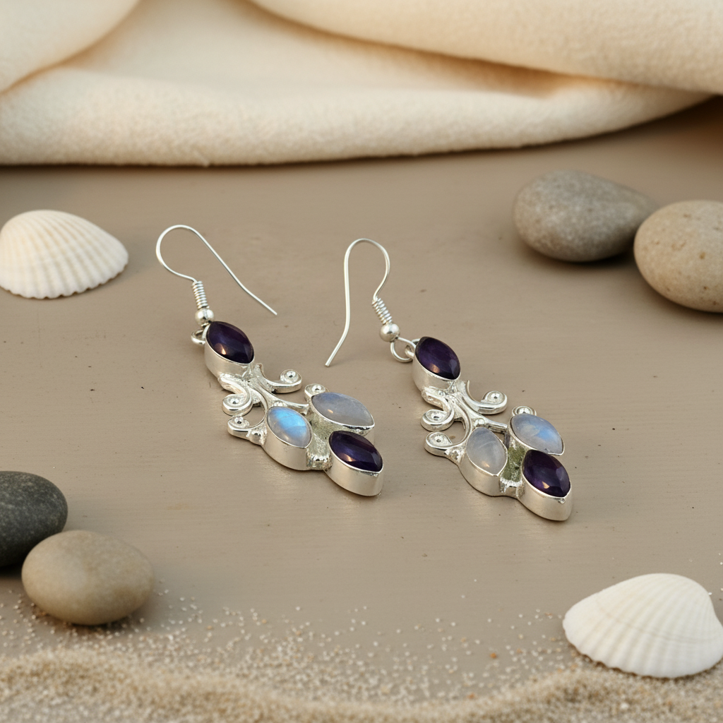 925 sterling silver dangle earrings with purple amethyst and iridescent moonstone gemstones.