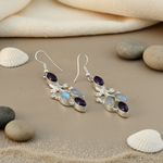 Load image into Gallery viewer, 925 sterling silver dangle earrings with purple amethyst and iridescent moonstone gemstones.
