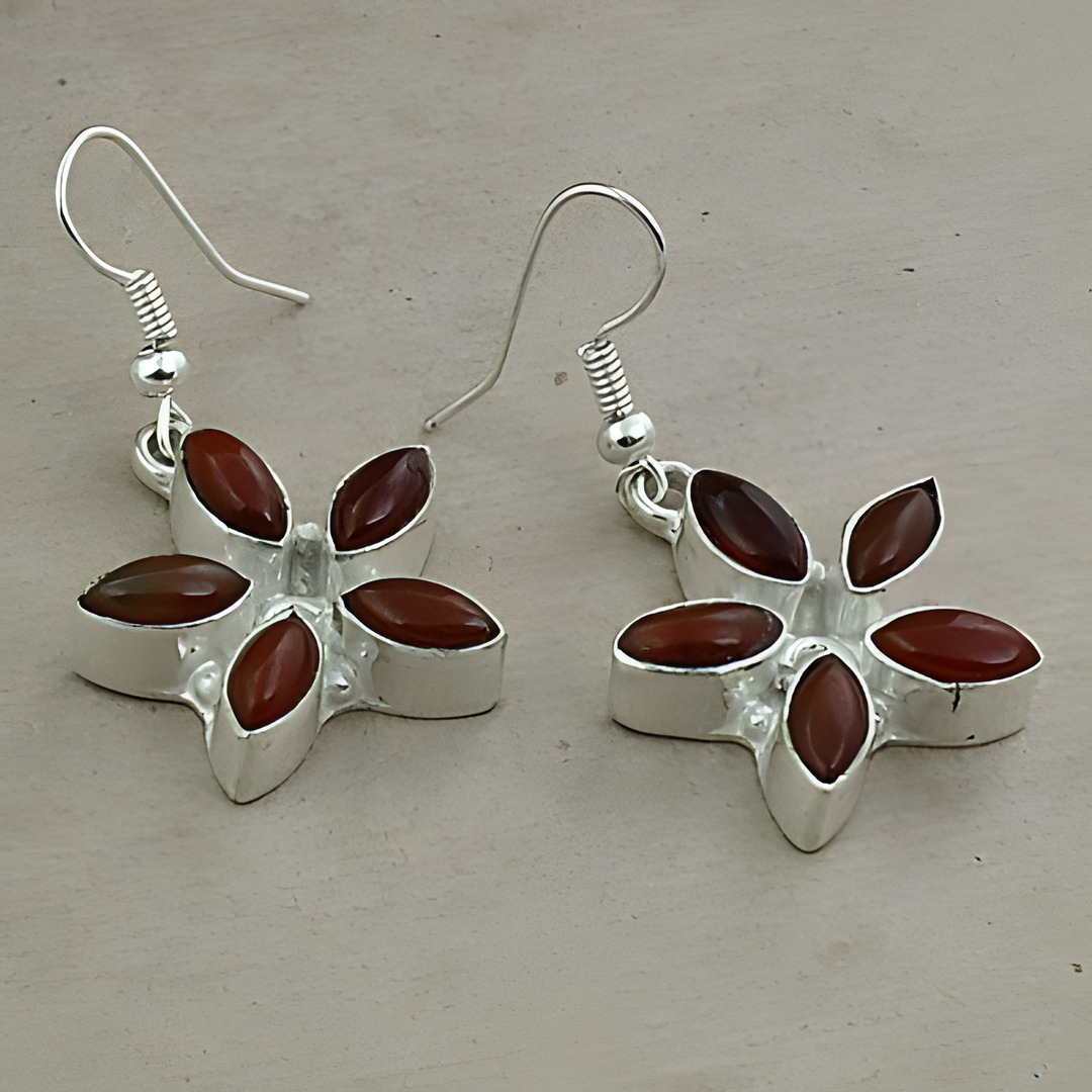 925 Silver Carnelian Flower Earrings for Women | Gemstone Jewelry