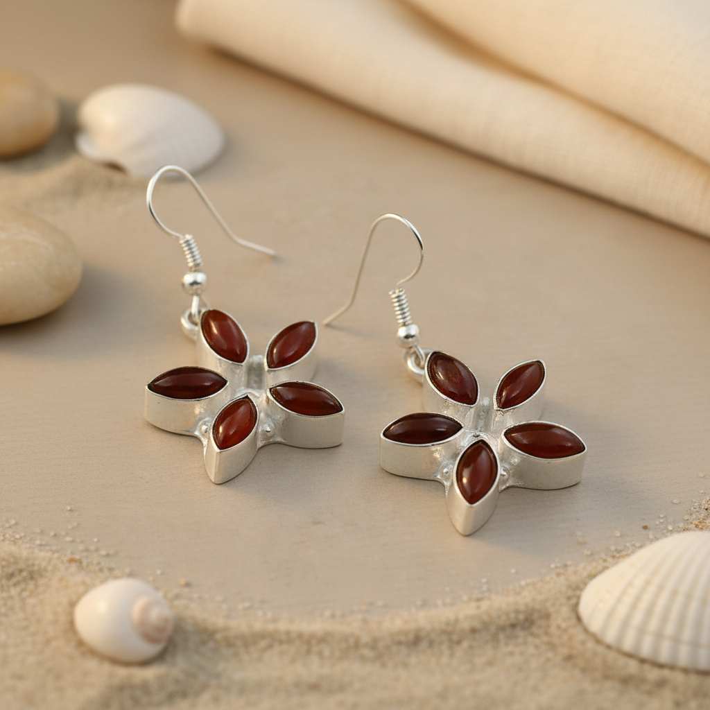 925 silver flower earrings with five red carnelian gemstone petals, elegant dangle earrings