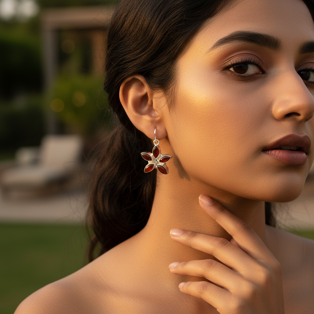 925 Silver Carnelian Flower Earrings for Women | Gemstone Jewelry