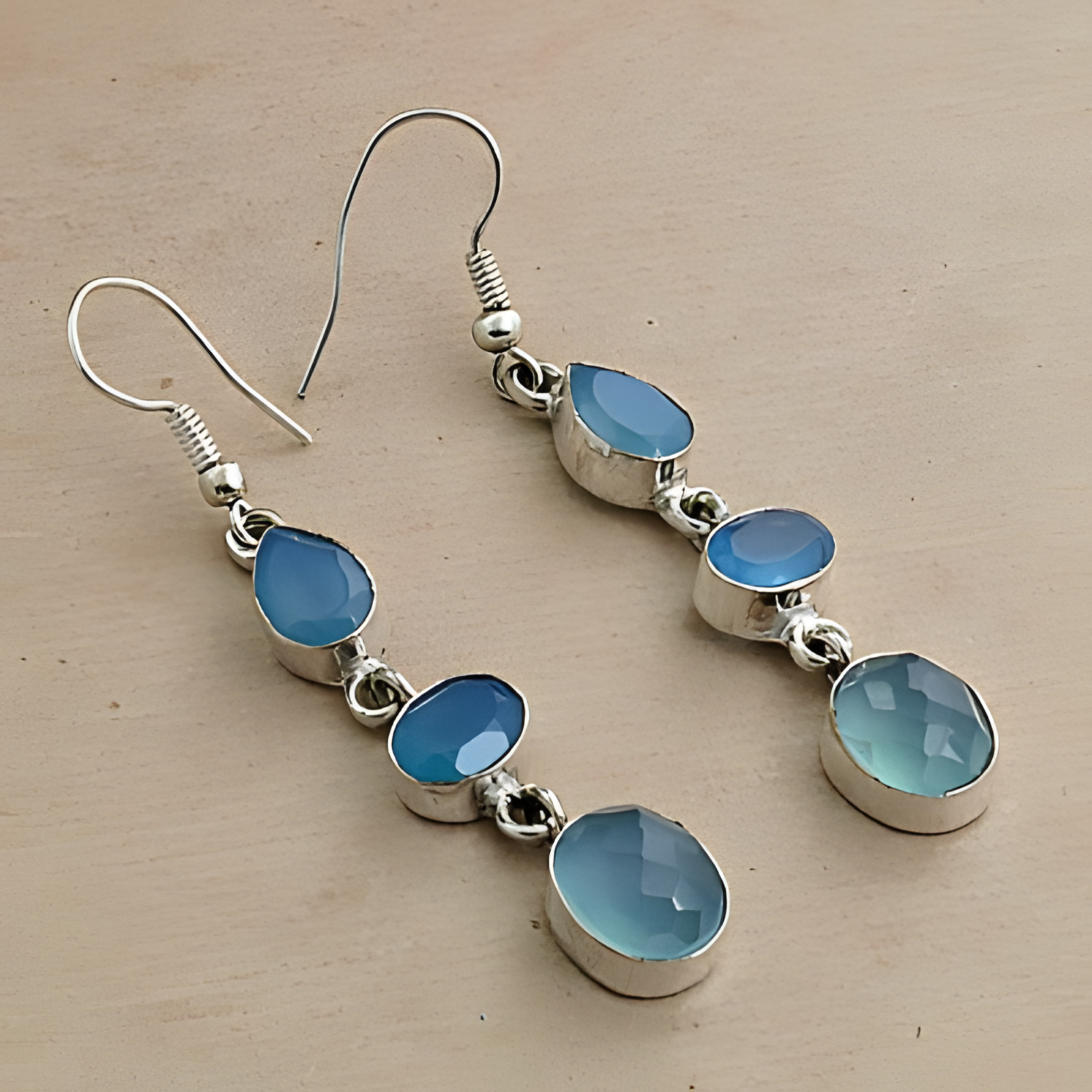 925 silver drop earrings with multiple blue chalcedony gemstones, elegant dangle design