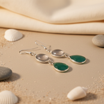 Load image into Gallery viewer, 925 sterling silver drop earrings with light grey oval stone and green agate teardrop gemstones.

