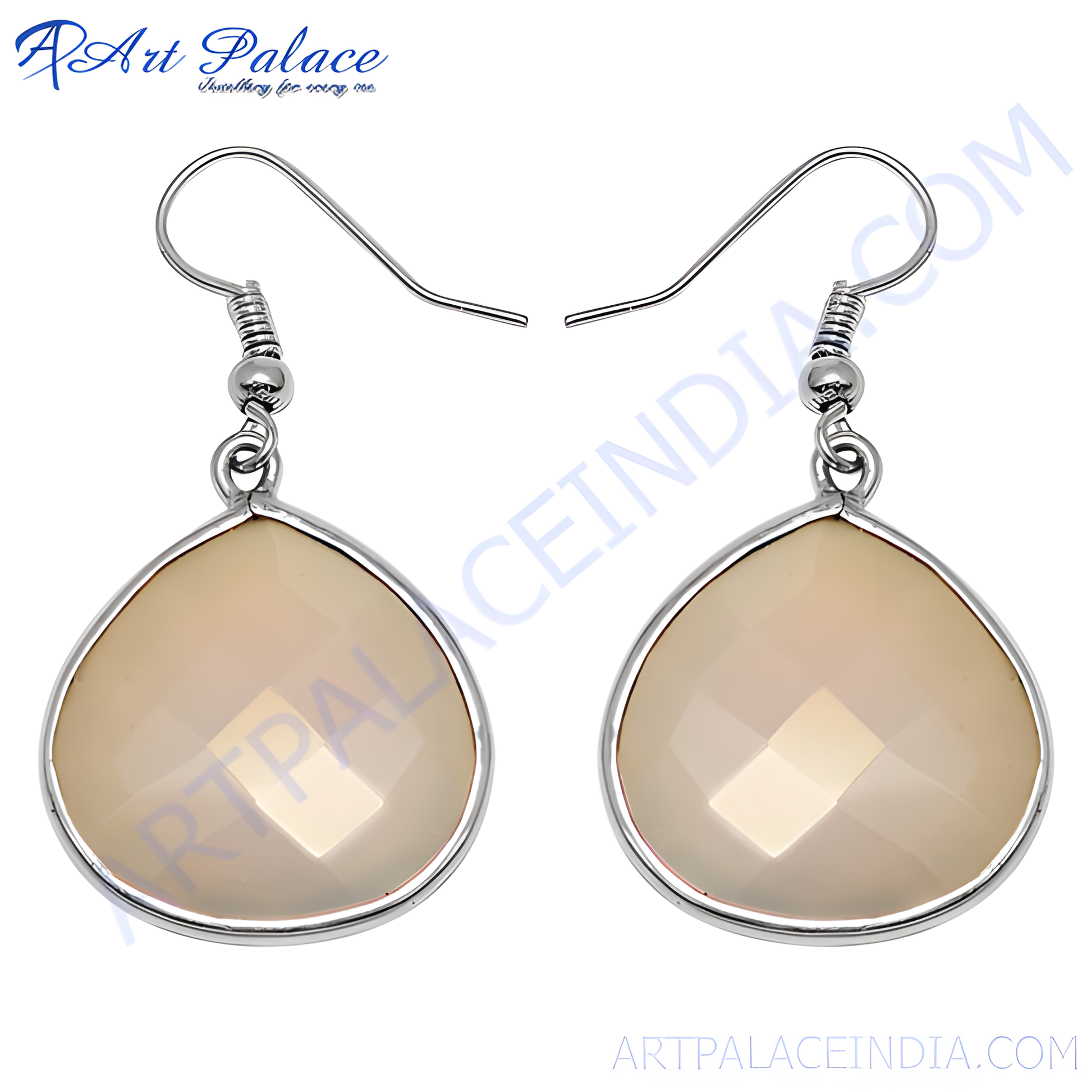 Silver teardrop dangle earrings with a faceted beige gemstone.
