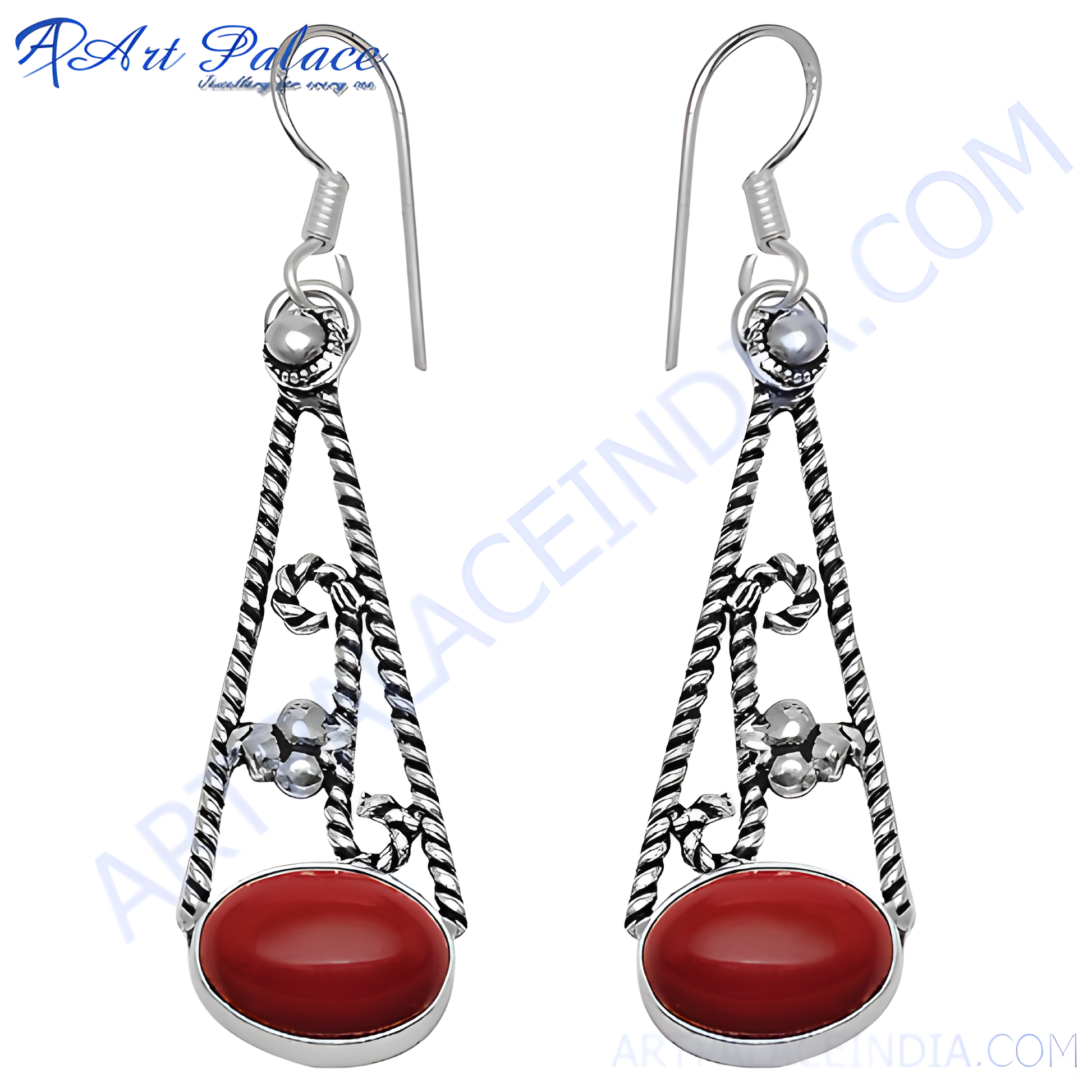 925 sterling silver drop earrings with oval red coral gemstones. Dangle style earrings, perfect for everyday wear.