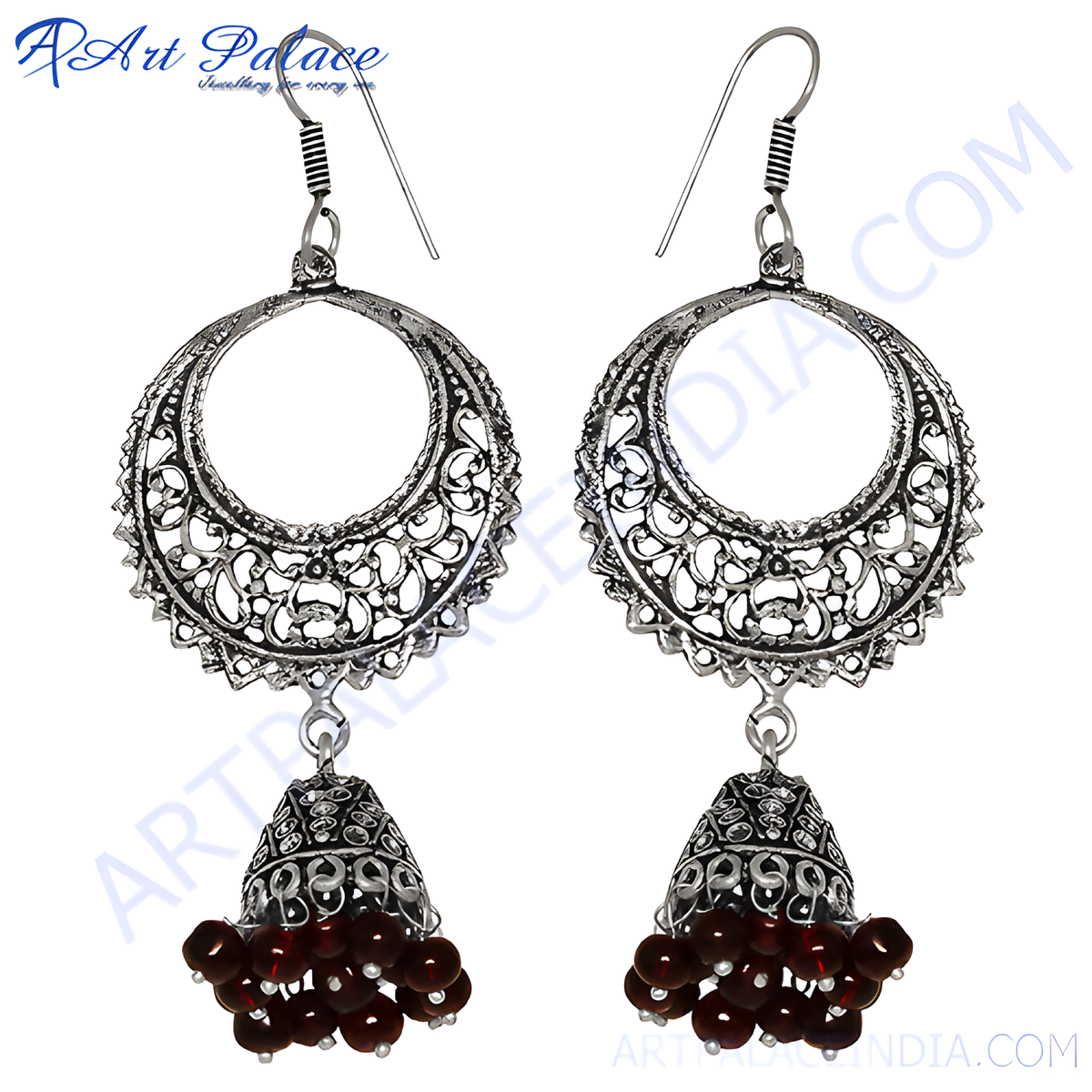 Silver filigree drop earrings with red bead dangles