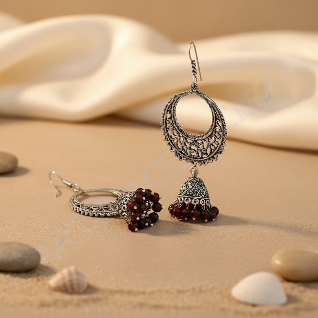 Silver filigree drop earrings with intricate detailing and red bead accents for women
