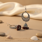 Load image into Gallery viewer, Silver filigree drop earrings with intricate detailing and red bead accents for women.
