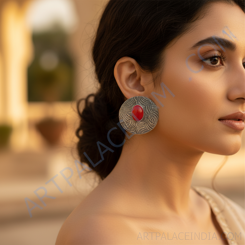 Silver Stud Earrings with Red Gemstone | Women's Jewelry Gift