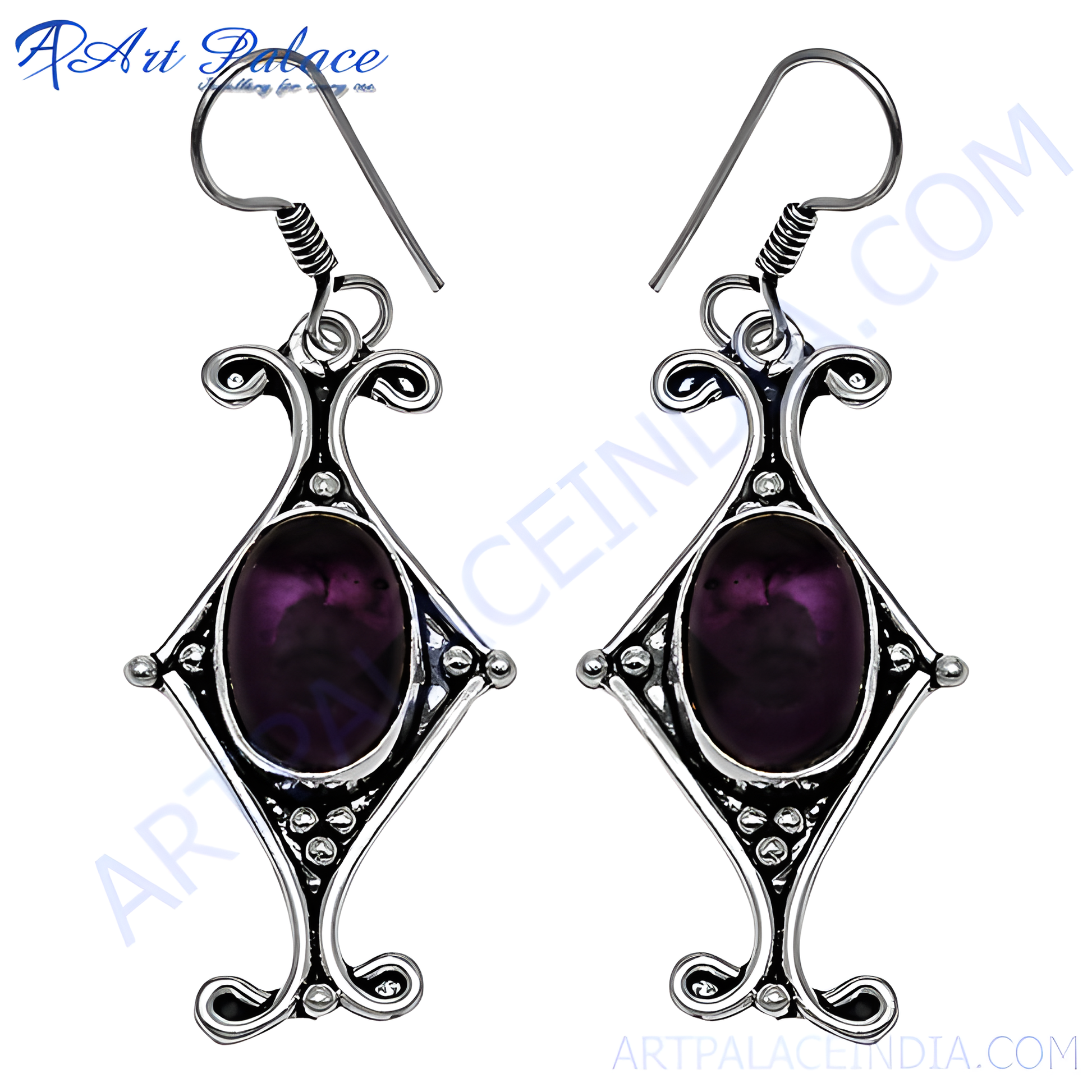 925 sterling silver dangle earrings with purple oval gemstone center, featuring a detailed art deco design.