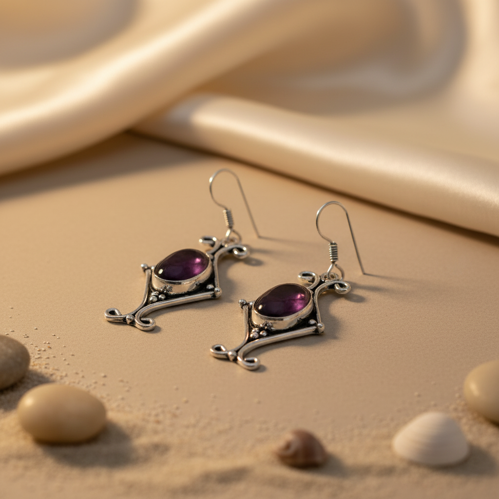 925 sterling silver dangle earrings with purple oval gemstone center, featuring a detailed art deco design