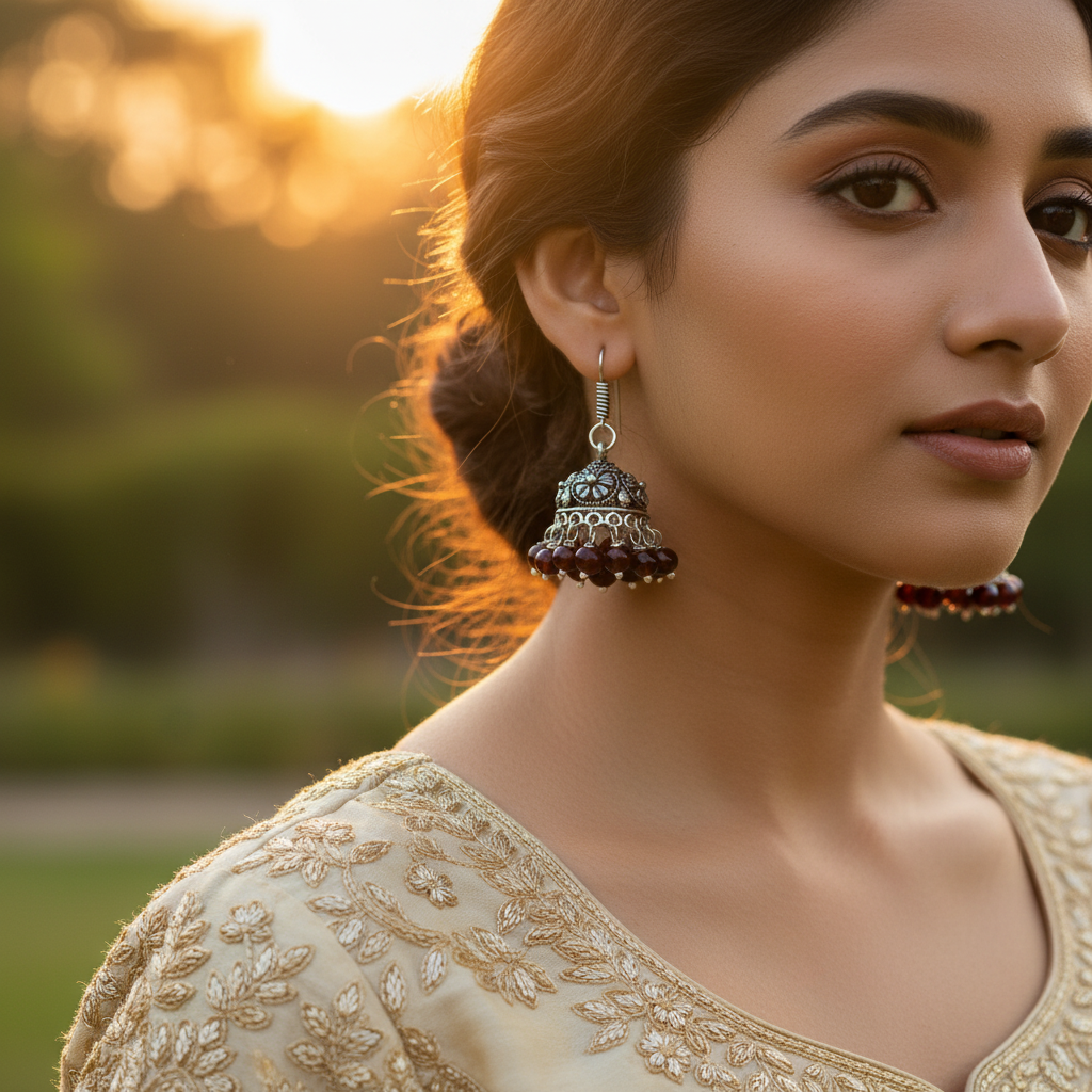 Silver Jhumka Earrings with Red Beads | Indian Ethnic Jewelry