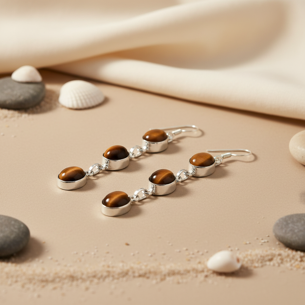 925 sterling silver drop earrings with three oval shaped tiger eye gemstones in a silver setting