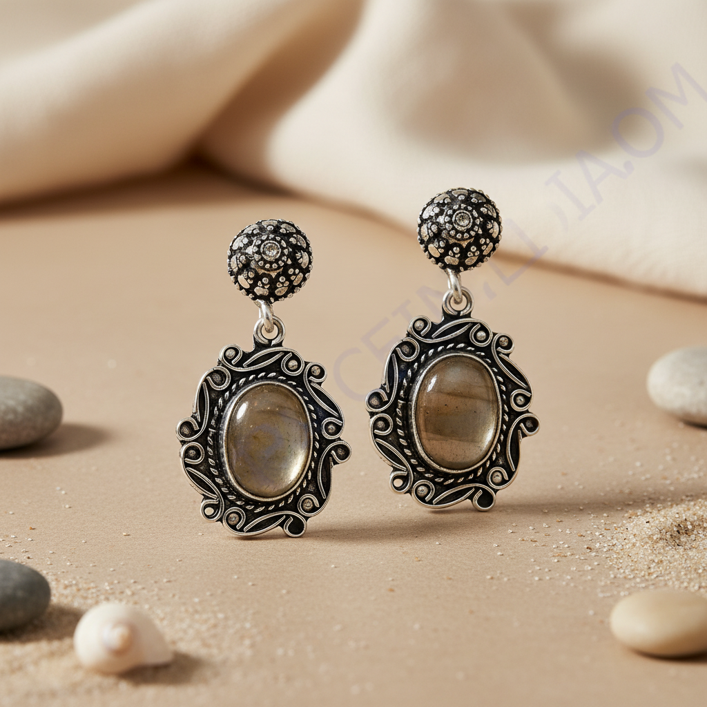 925 sterling silver dangle earrings featuring oval labradorite gemstones in a decorative setting