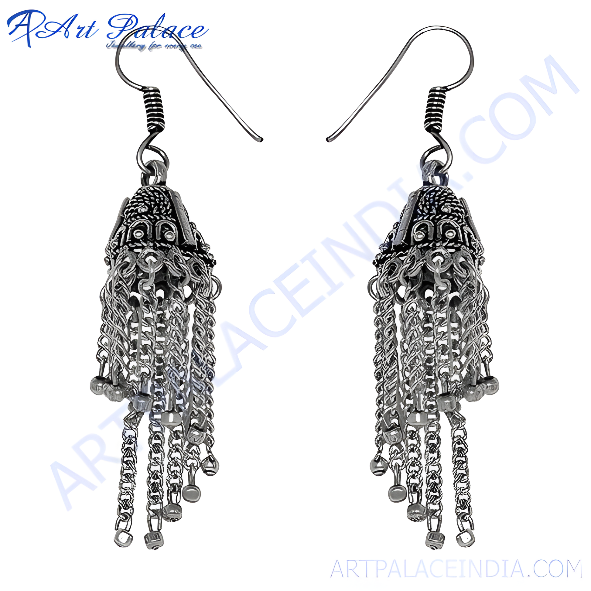 Sterling silver jhumka earrings with intricate detailing, ideal for women, showcasing a traditional design.