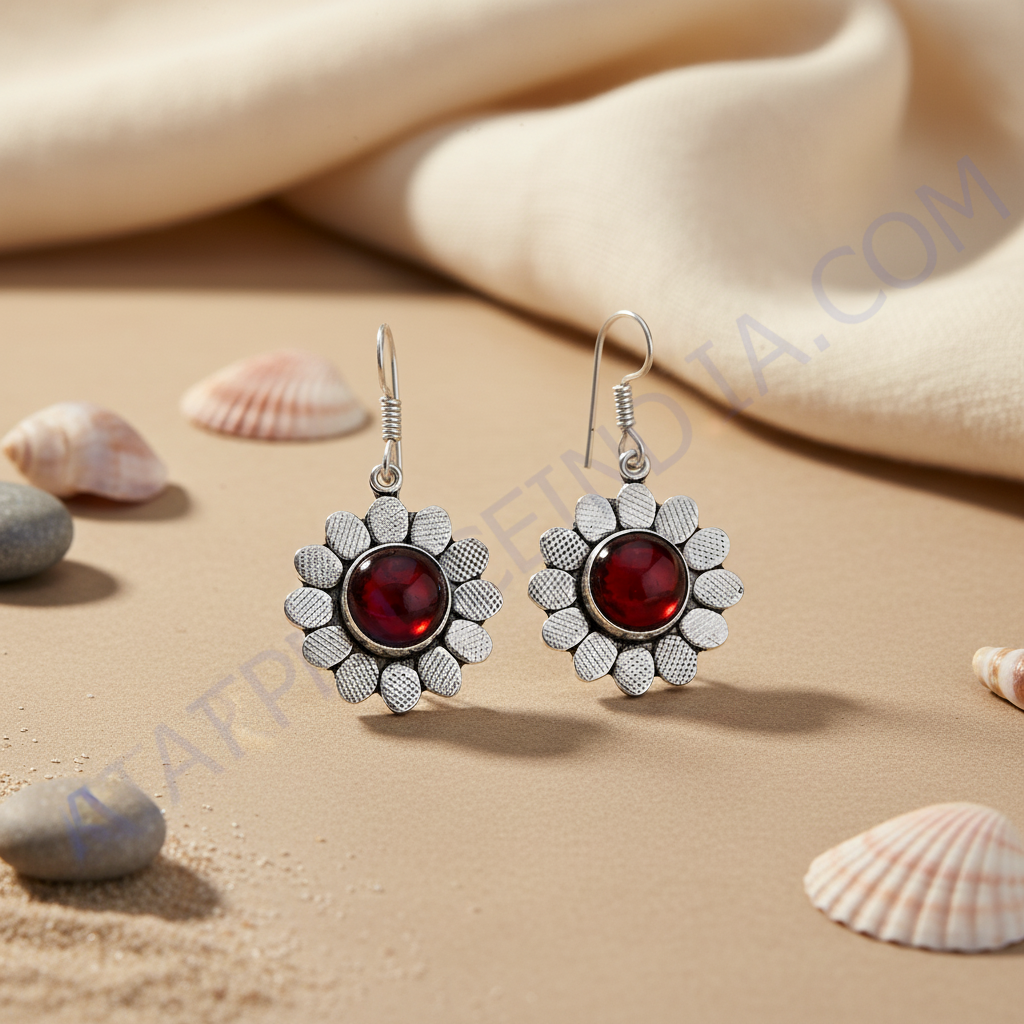 925 sterling silver dangle earrings with a red gemstone center in a flower design
