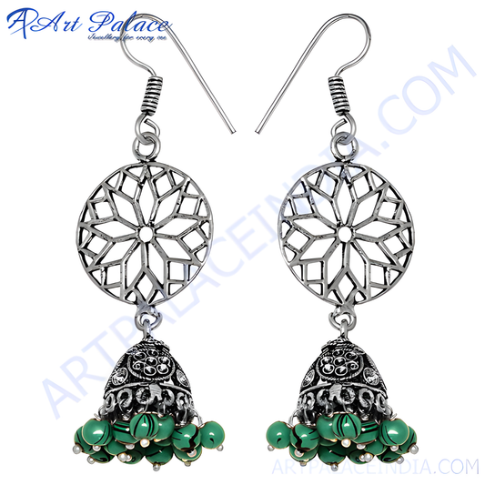925 sterling silver dangle earrings with filigree design and green beads.