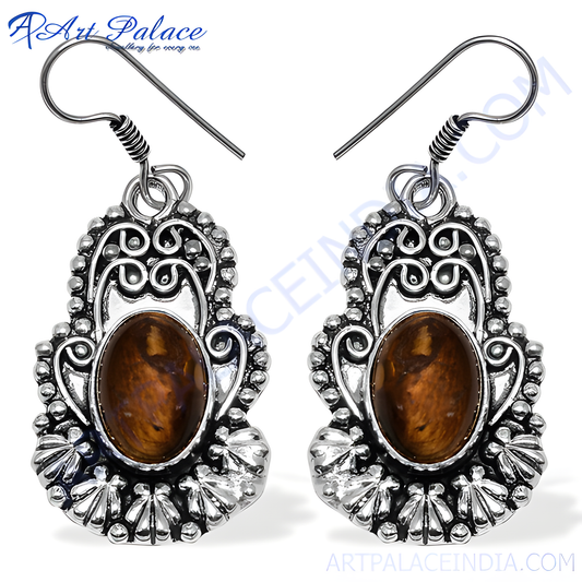 925 sterling silver dangle earrings with oval tiger eye gemstone center, detailed openwork design, for women.