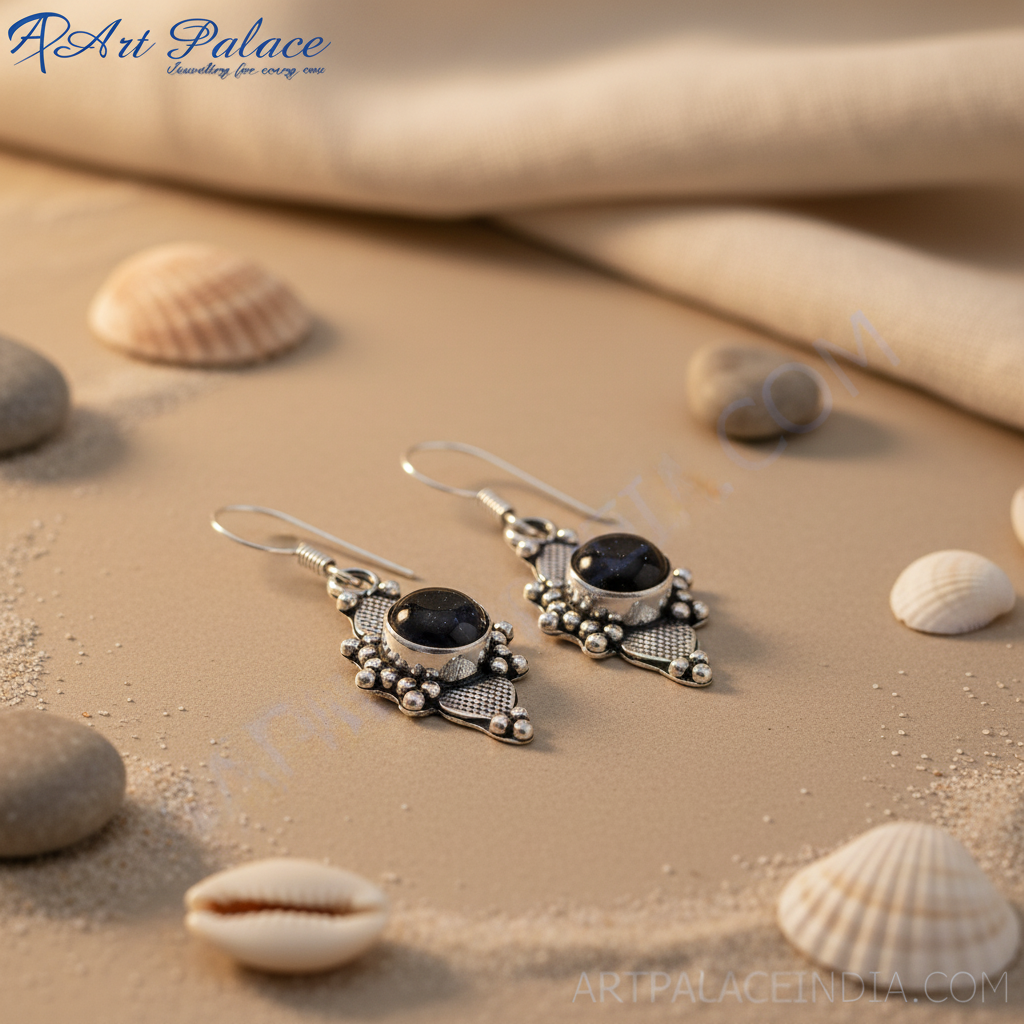 925 sterling silver dangle earrings featuring a round black onyx gemstone set in an ornate design.