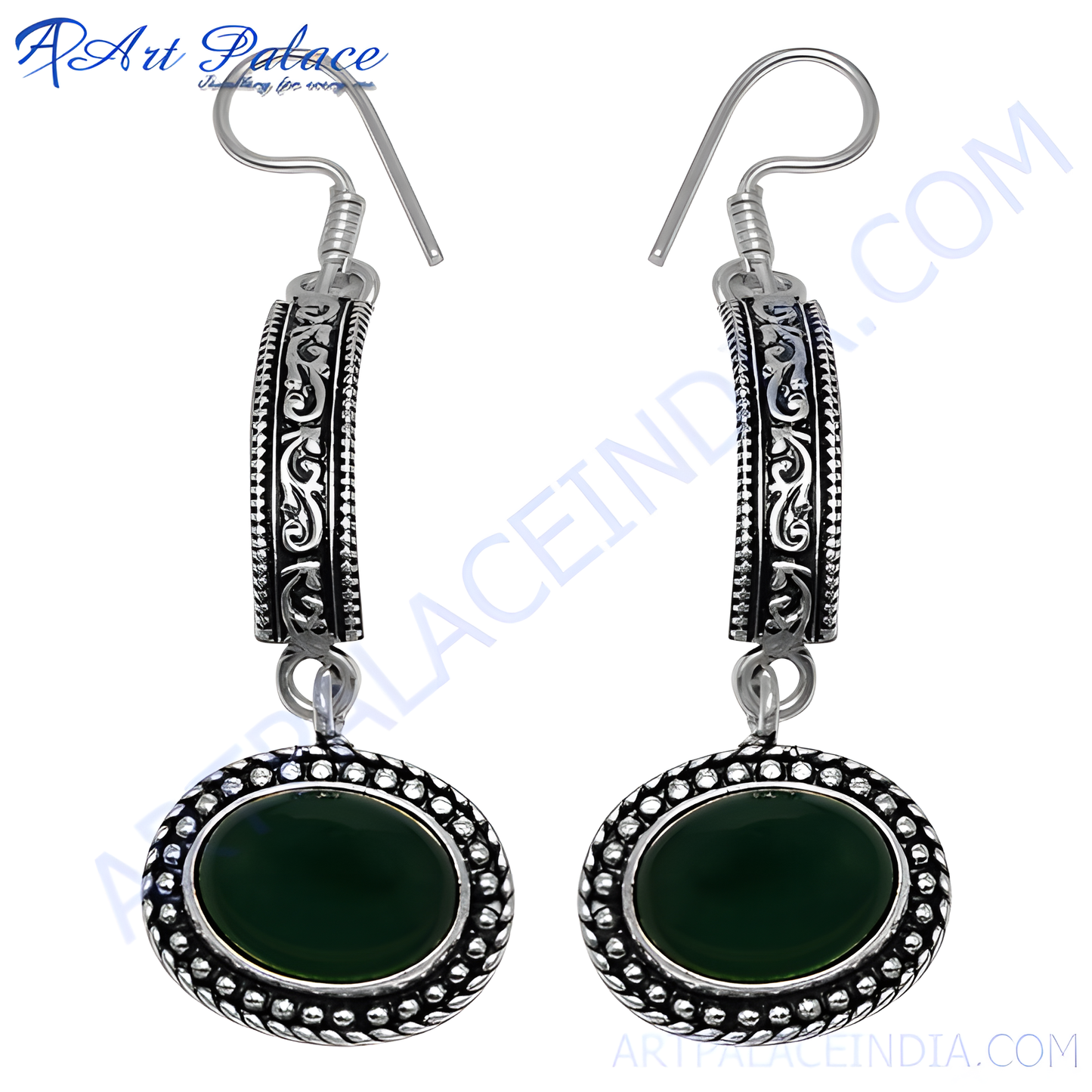 Sterling silver drop earrings featuring oval green onyx gemstones, perfect for any occasion.