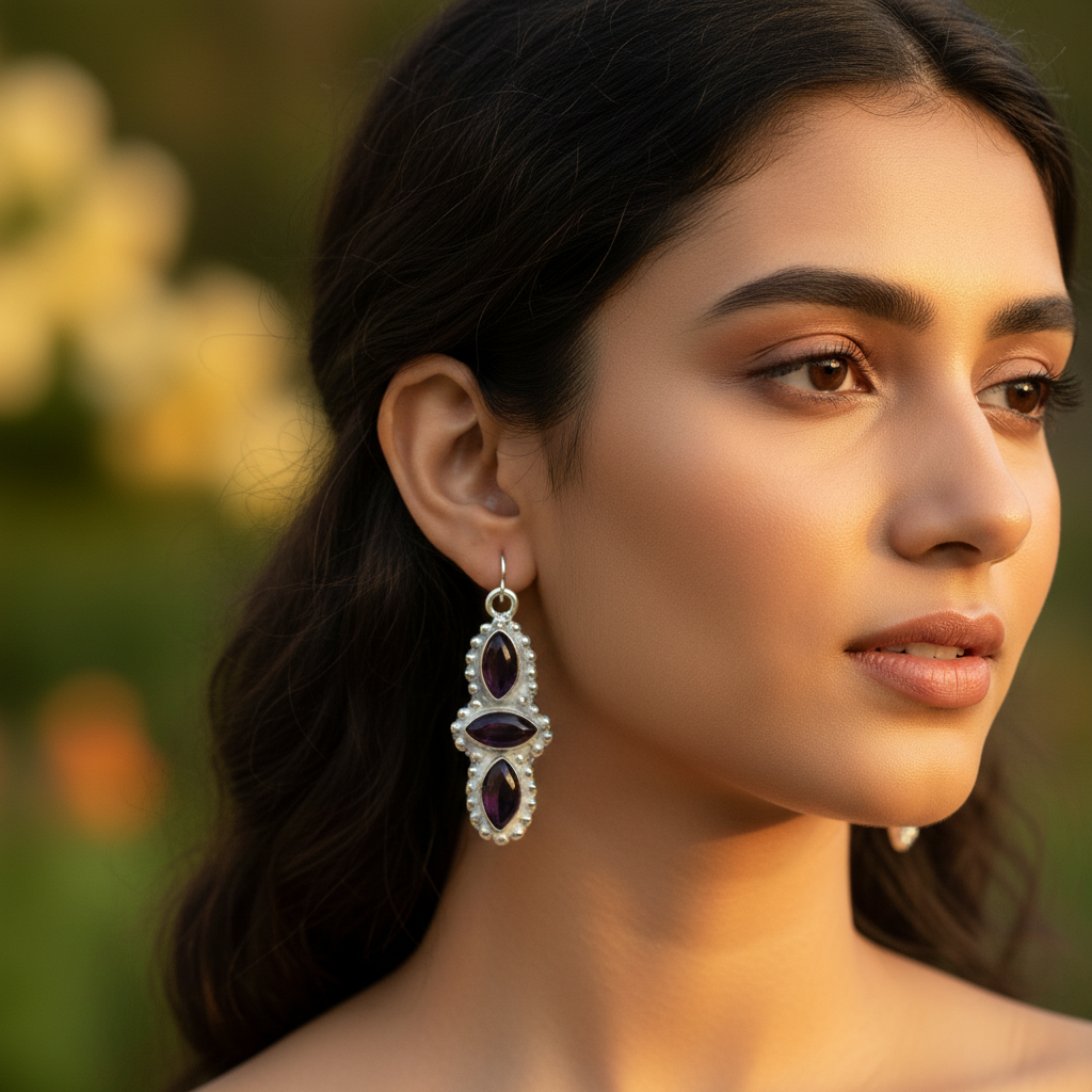925 Silver Amethyst Drop Earrings for Women | Gemstone Jewelry