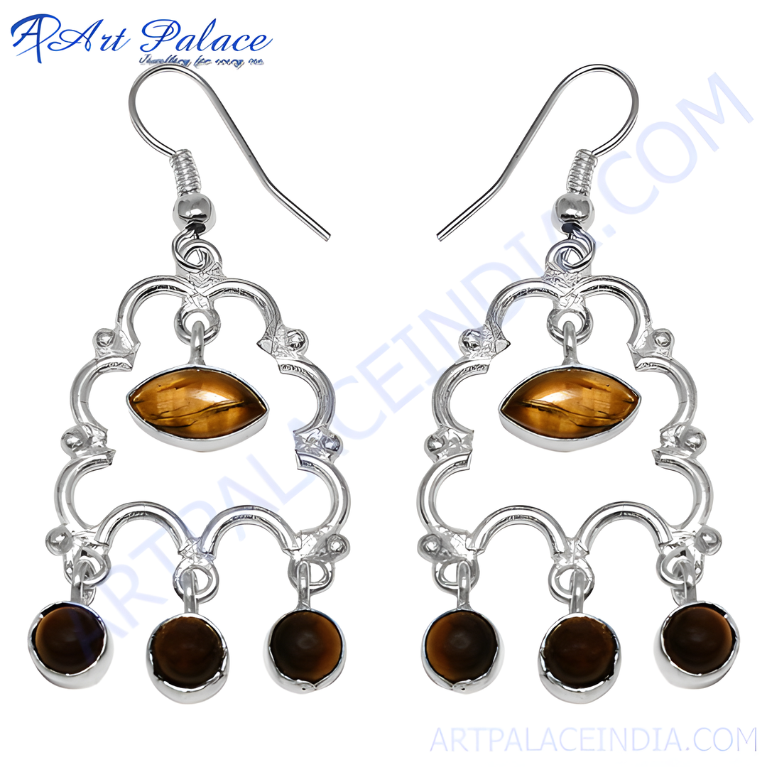 925 Silver Tiger Eye Gemstone Drop Earrings for Women