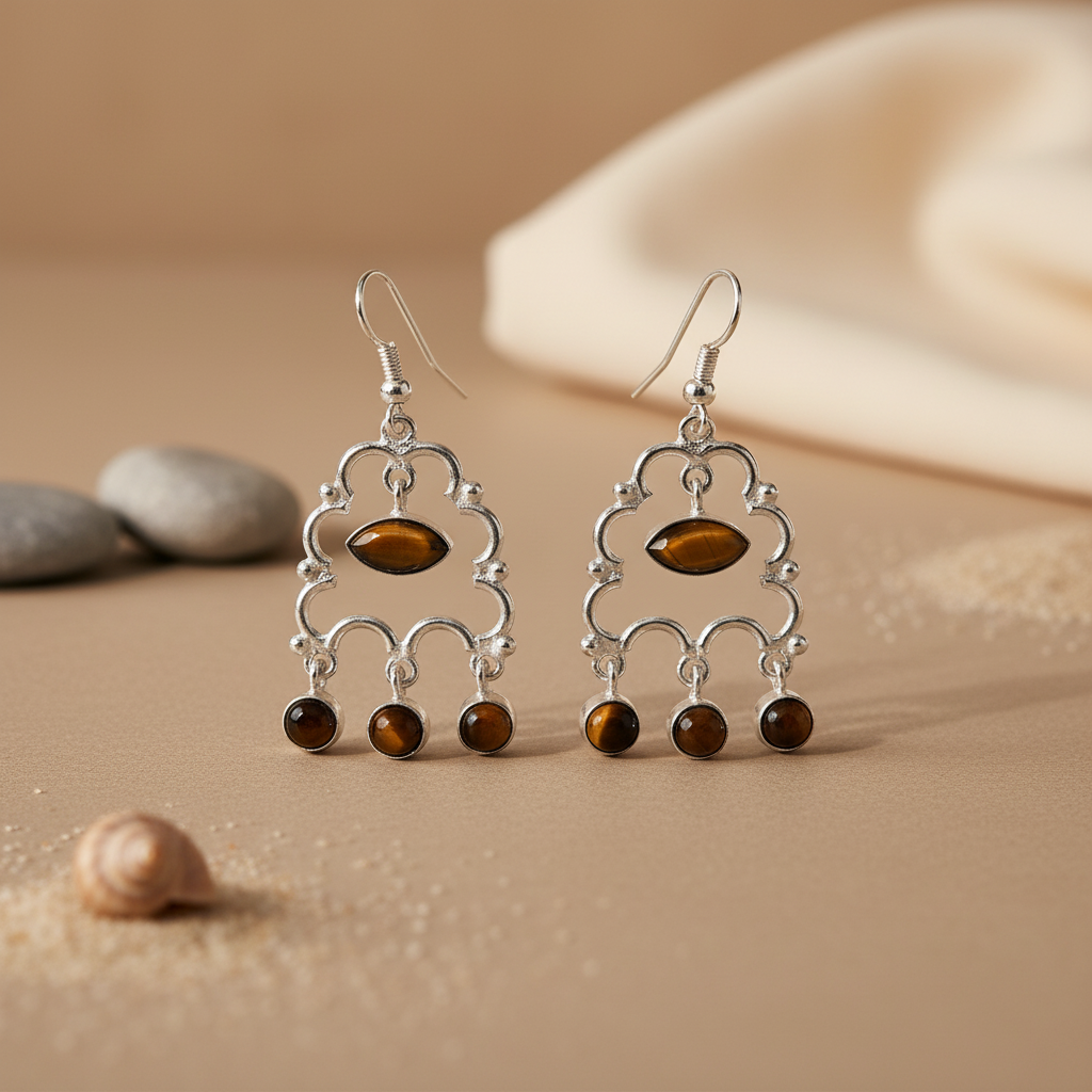 925 Silver Tiger Eye Gemstone Drop Earrings for Women