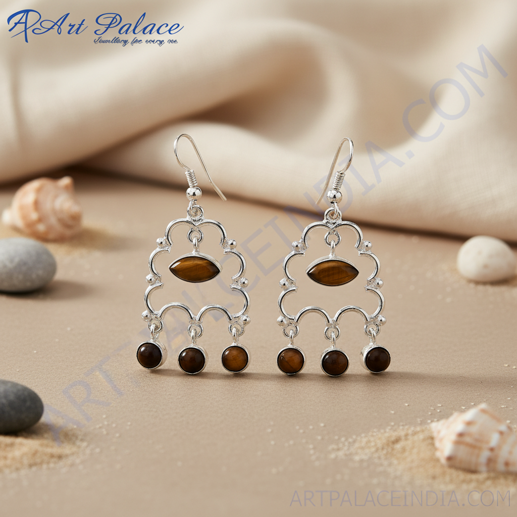 925 silver drop earrings with tiger eye gemstones, silver drop earrings for women