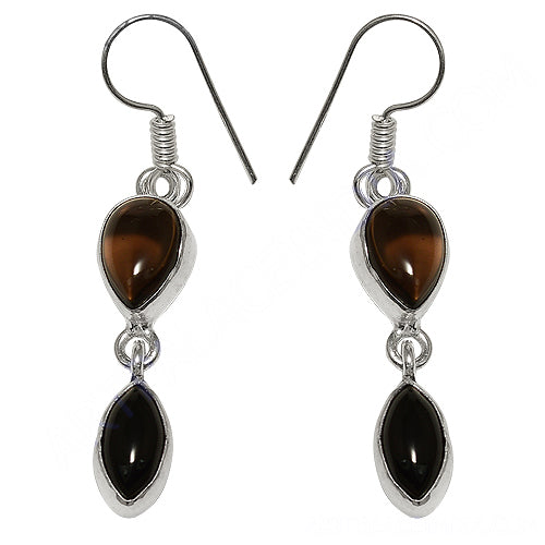 925 Silver Smoky Quartz & Onyx Drop Earrings for Women