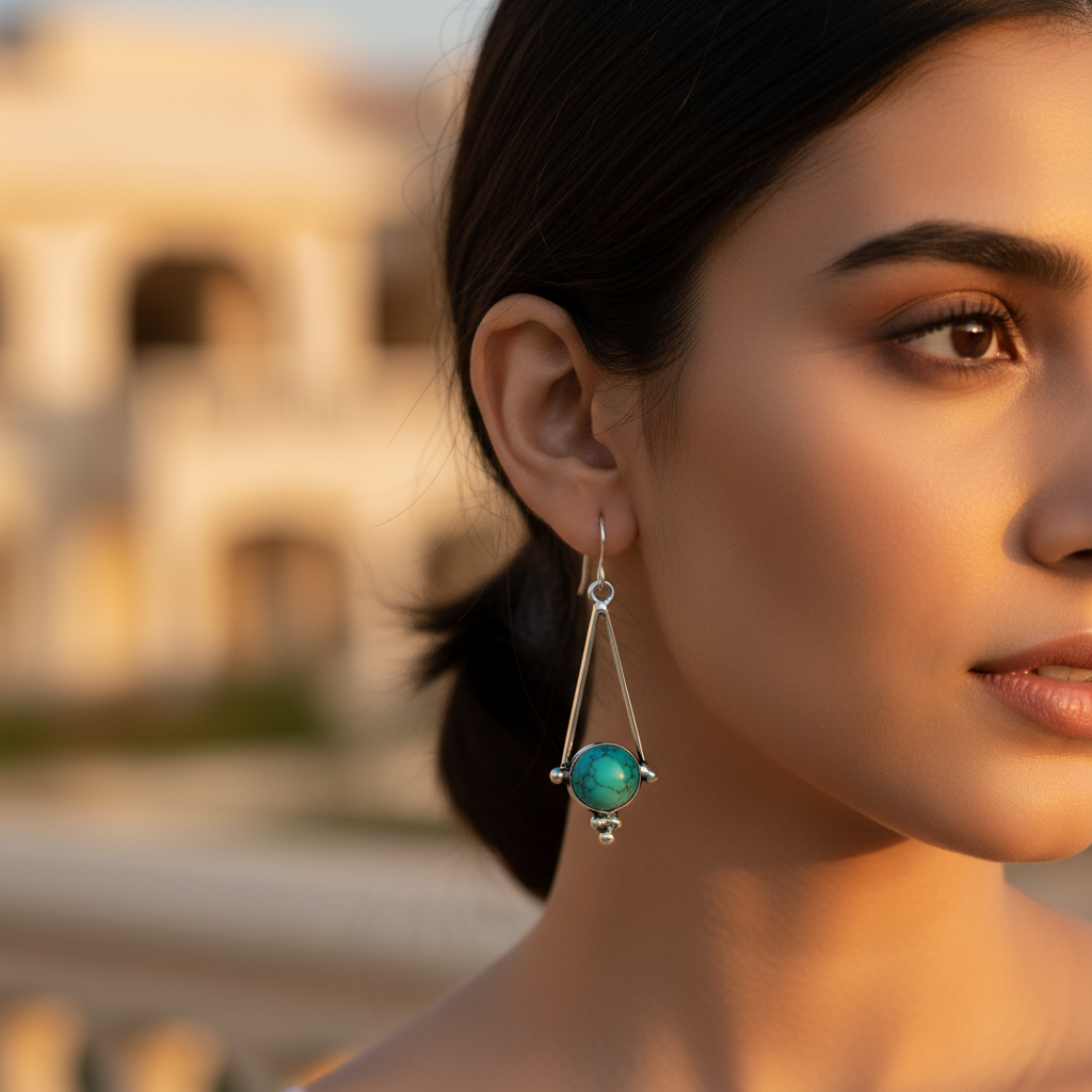 925 Silver Turquoise Earrings | Triangle Drop Earrings for Women