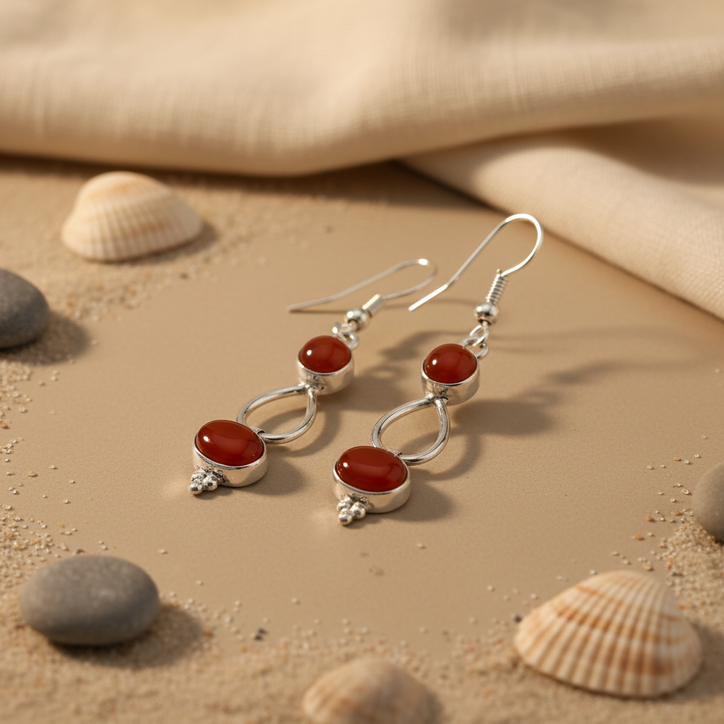 925 sterling silver drop earrings with oval shaped carnelian gemstones.