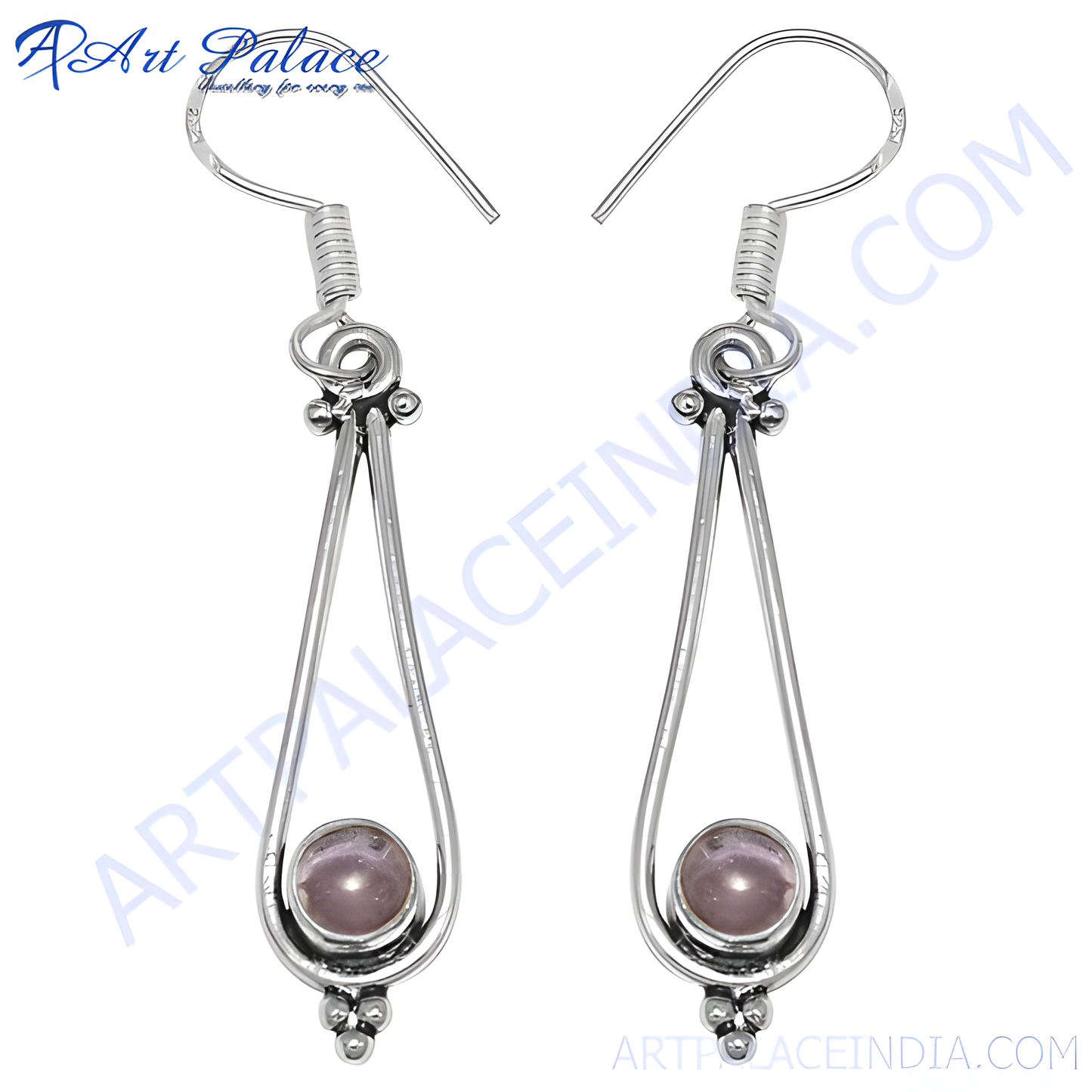 925 sterling silver teardrop earrings with a round pink gemstone set in the center. Dangle design for women.