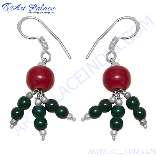 Silver drop earrings featuring red and green gemstones; a perfect gift for her