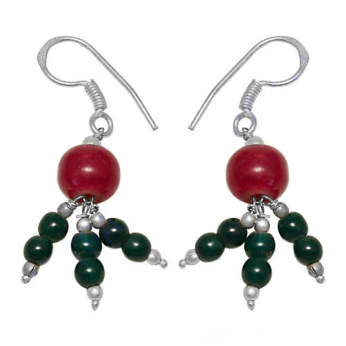Silver Bead Drop Earrings | Red & Green Gemstone Jewelry