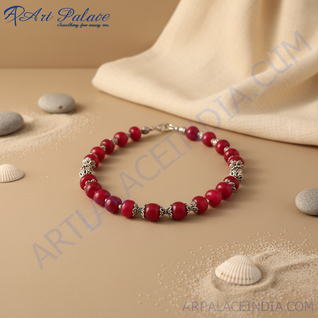 Red beaded necklace on a black jewelry display, showcasing the vibrant red beads and silver accents.
