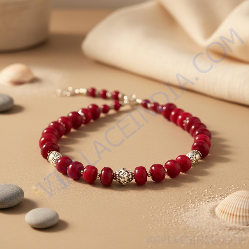 Red beaded necklace with silver accents, a statement piece for women.