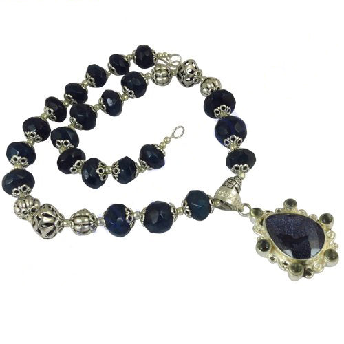 Silver blue sandstone bead necklace for women | gift jewelry
