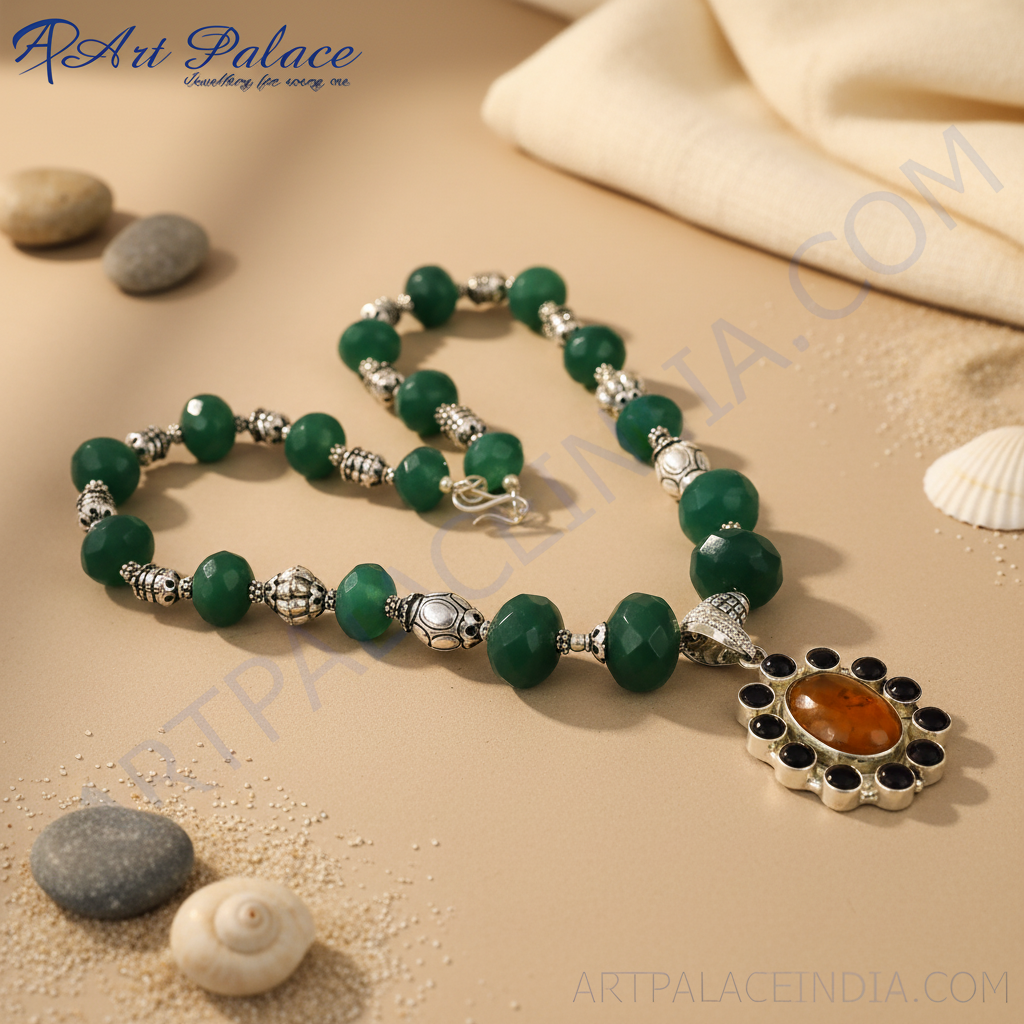 Green jade bead necklace with silver accents and gemstone pendant, perfect for women