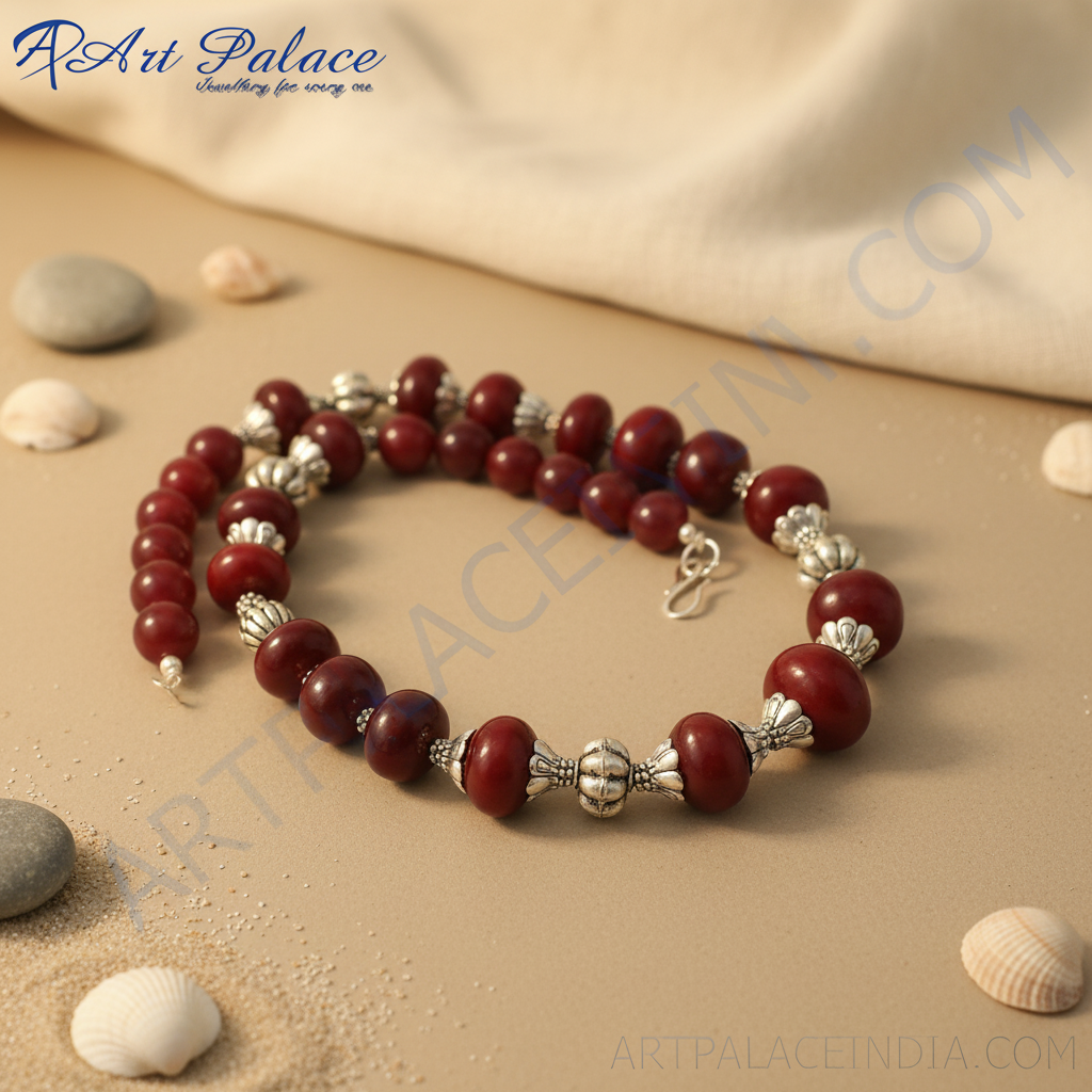 Red stone bead necklace with silver-toned accents for women, statement jewelry, a unique necklace design