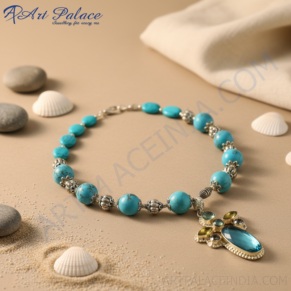 Turquoise bead necklace with silver accents, a statement piece for women.
