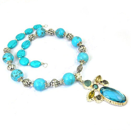 Turquoise bead necklace with silver accents | statement jewelry