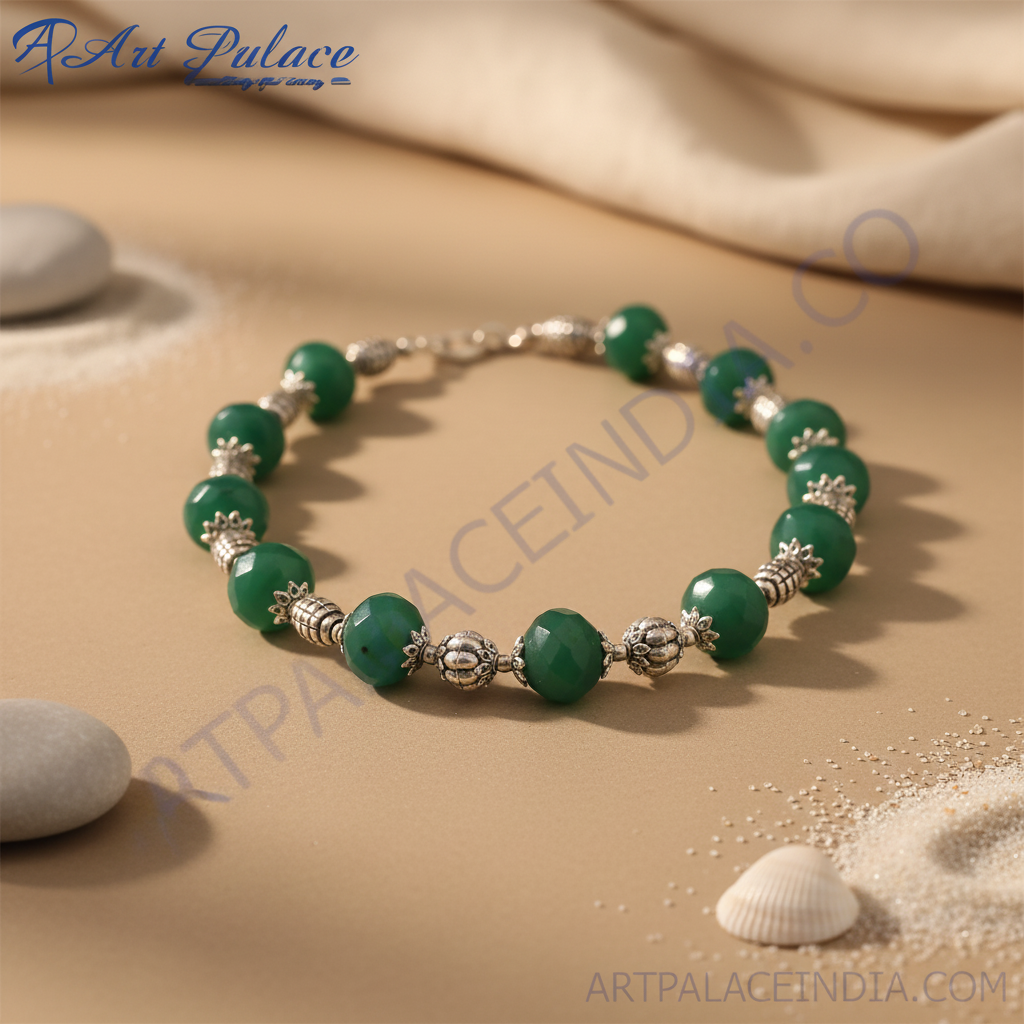 Sterling silver necklace with green agate beads. A stylish and elegant gemstone necklace.