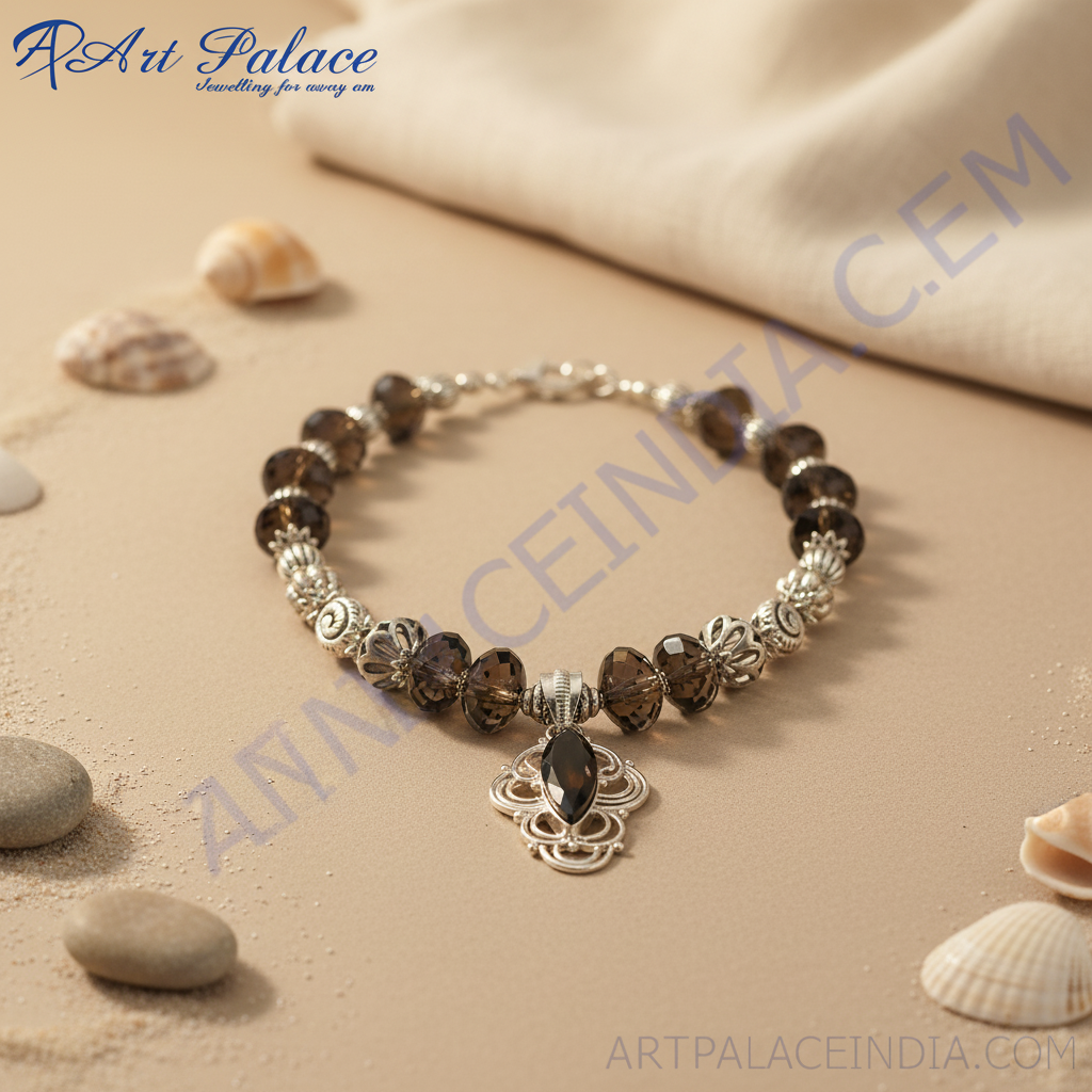 Elegant silver pendant necklace with a central black gemstone and smoky quartz beads on a black bust form.